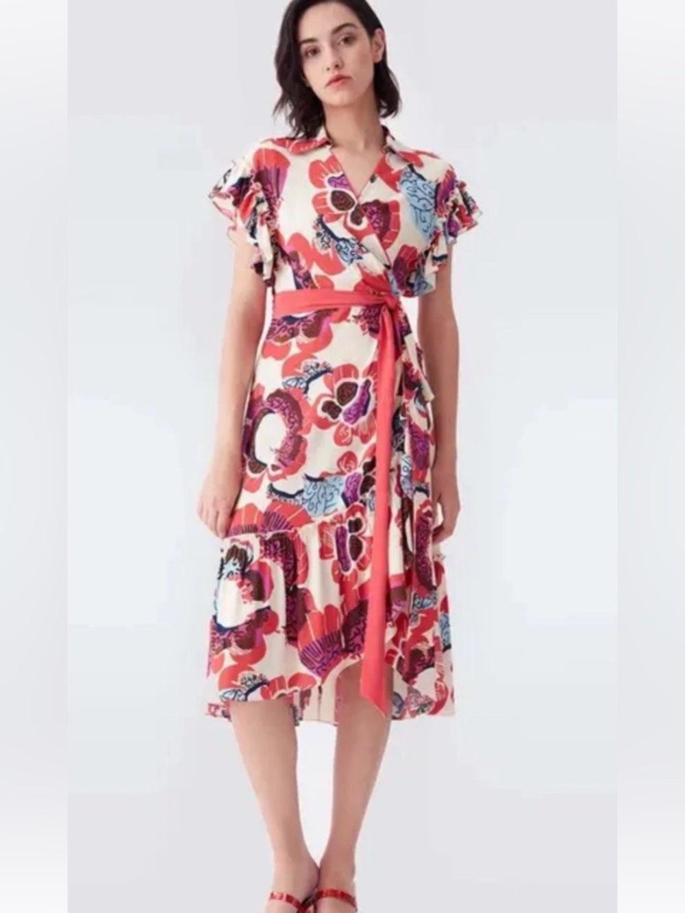 Diane Von Furstenberg Women’s Midi Floral Wrap Dress Ivory Size XS